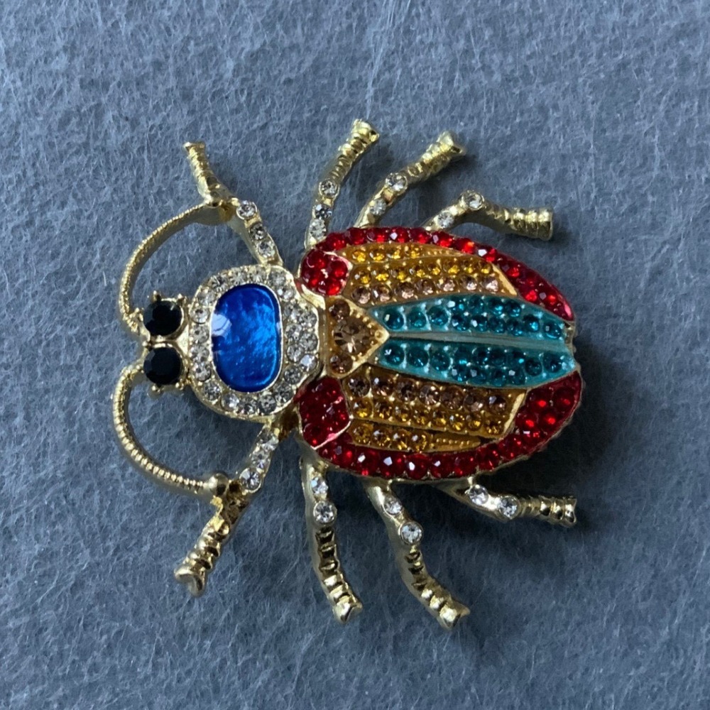 Vintage Style Rhinestone Beetle Brooch Gold Tone Multi Color Insect Pin